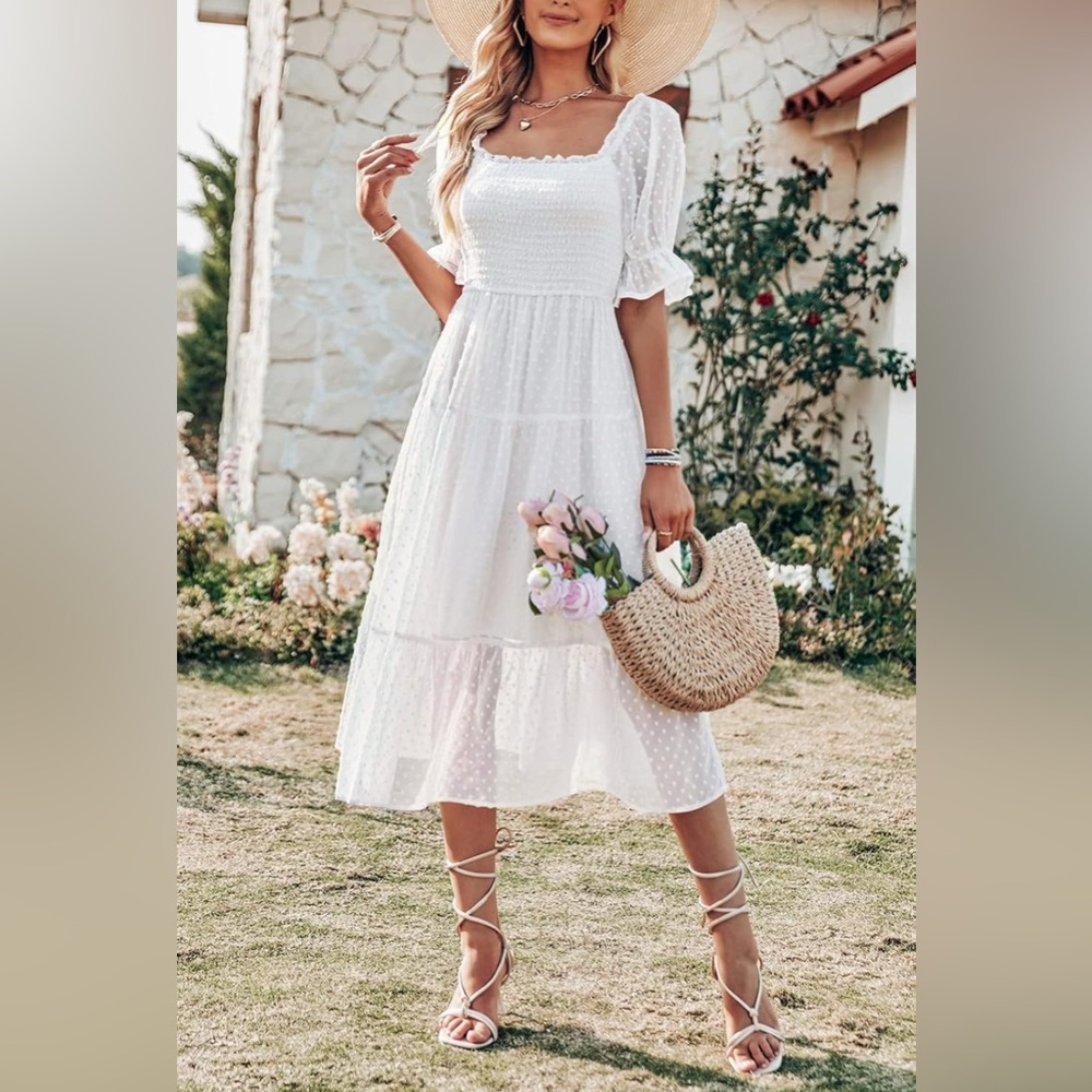 NWT Woman, white Summer Square Neck Puff Sleeve Boho Midi Dress